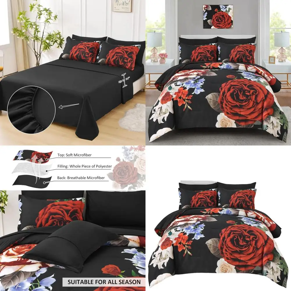

Комплект постельного белья королевы с черным цветочным принтом из 7 предметов с красными ботаническими цветами: одеяло, простыни, наволочки и шамс