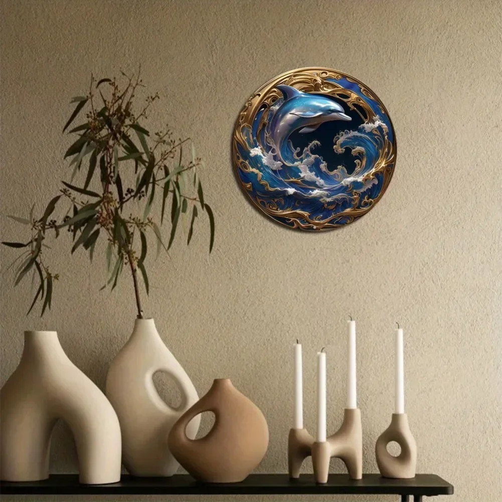 علامة إكليل معدنية مستديرة تحت عنوان دولفين كلاسيكي، ديكور من الألومنيوم للمنزل والمقهى والشقة وديكور حائط مثالي وهدية العيد