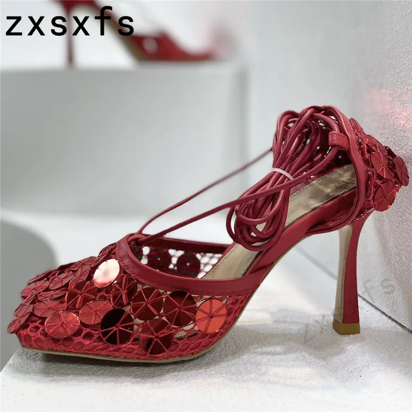 New Arrivals Sequins High Heel Sandals Women Air Mesh Gladiator Pumps Ladies Cross Tied Glittered Party High Heels Mules Summer