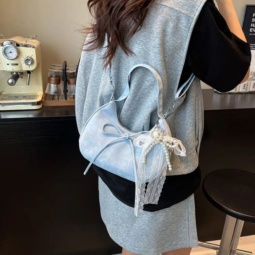 

Large Capacity Bow Shoulder Bag Lace Pearl Pendant Korean Style PU Hobo Bag Handbag Fashion Design French Style Handbag Travel