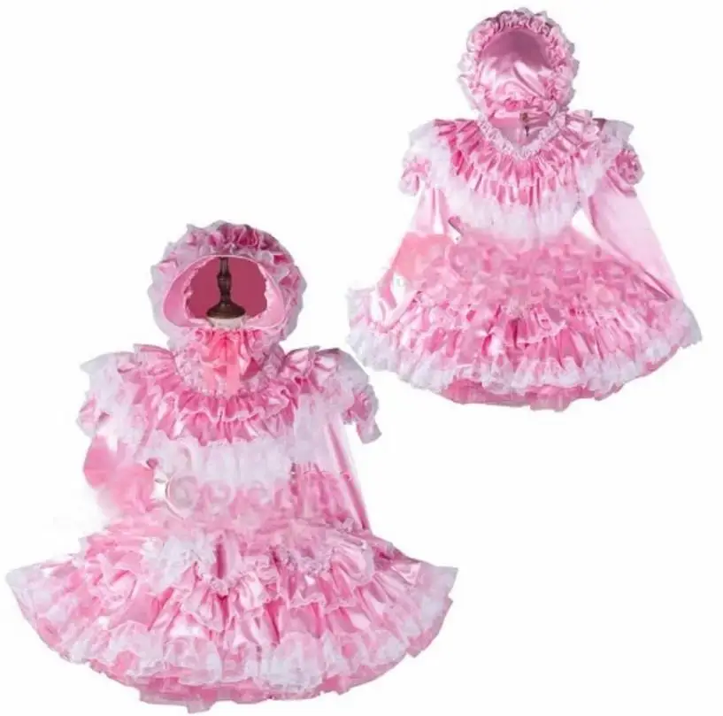 

Sexy Sissy French maid pink satin hooded lockable multi-layer ruffle edge dress cosplay costume customizable