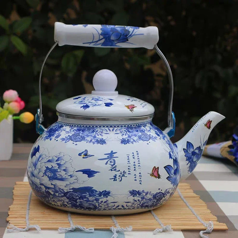 2.5L Enamel Tea Infuser Blue And White Porcelain Enameled Boiling Kettle Gas Induction Cooker Boiling Teapot Cold Kettle