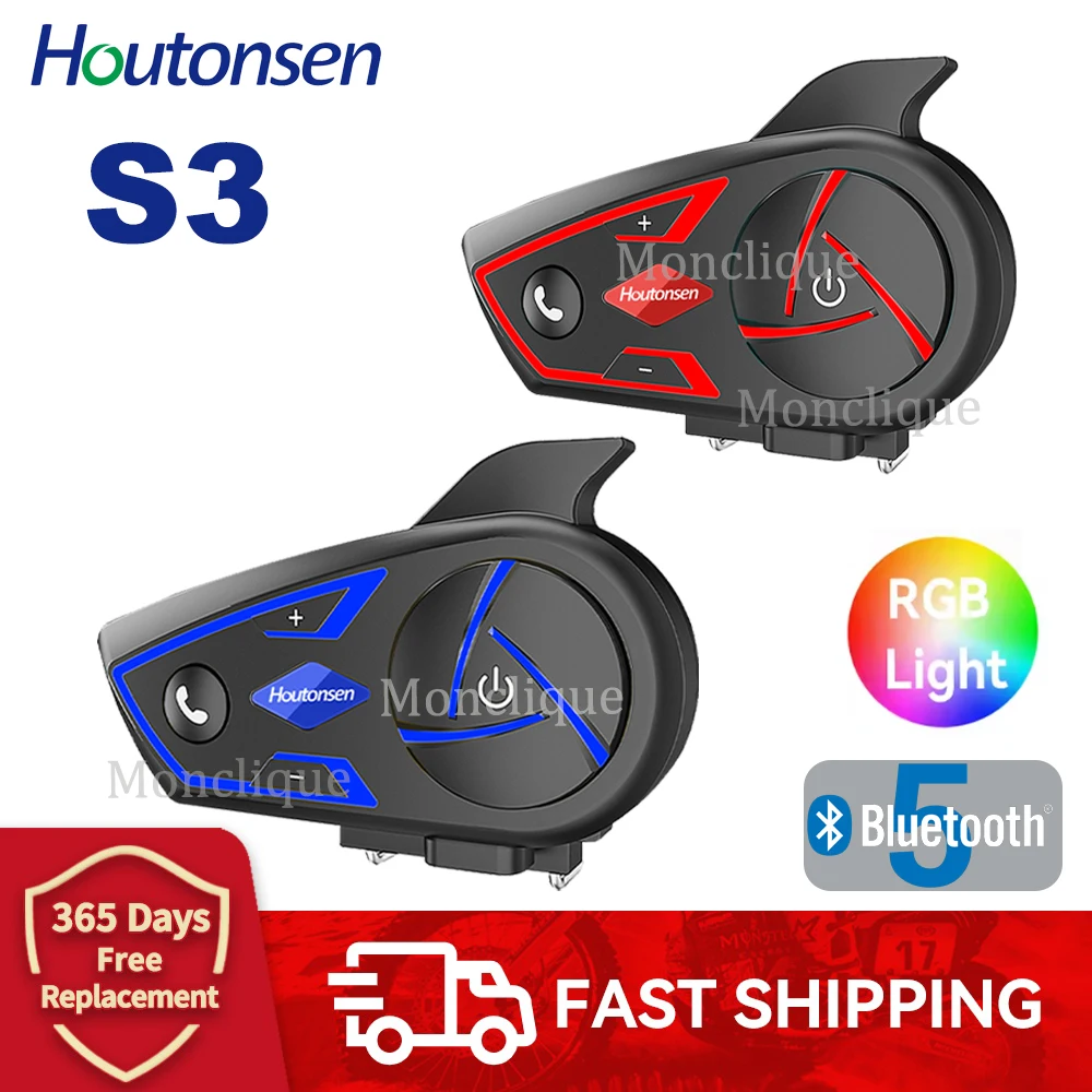 Houtonsen S3 Waterproof Motorcycle Walkie-talkie Bluetooth Noise Reduction Headset 3-color RGB Ambient Light Stereo Music Player