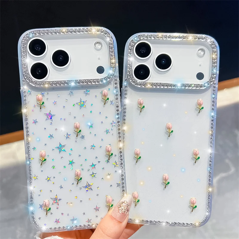 

Diamond frame Glitter transparency Phone Case For iphone 17Air 16 Plus 15 14 13 pro max 16e 16promax 15pro flower Cute pattern