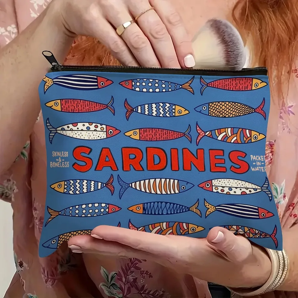 Косметичка с принтом сардини в стиле ретро — яркие разноцветные цвета, прочная ткань, компактная дорожная косметичка и пенал