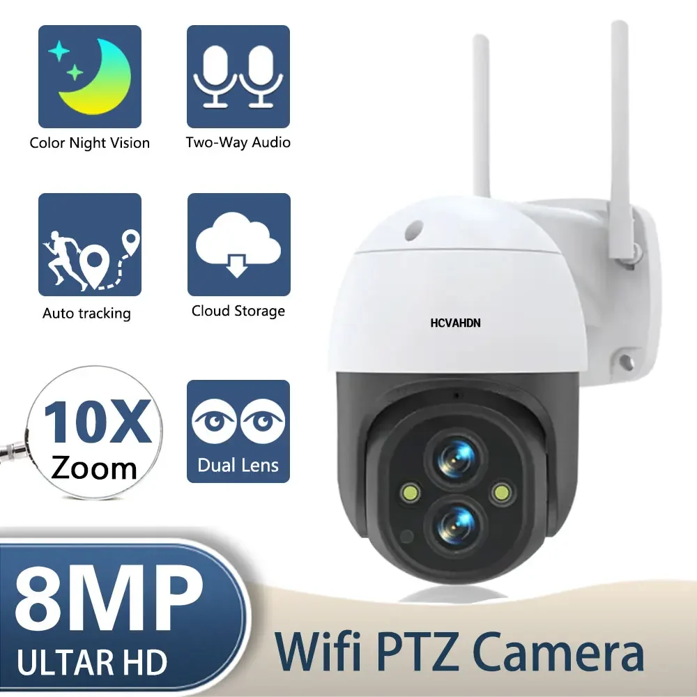 

8MP 4K 10x Hybrid Zoom 2.8+12mm Dual Lens PTZ IP Camera WiFi Auto Tracking 4MP 2 Way audio Security Video Surveillance Camera