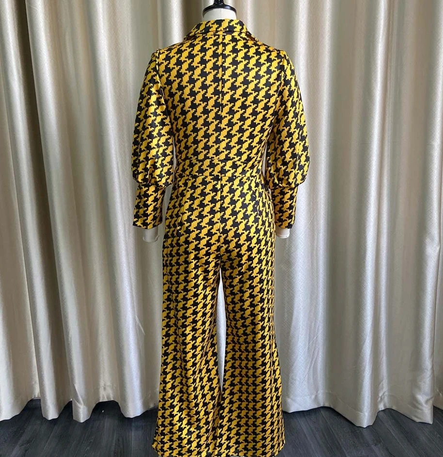 Jumpsuit Women 2024 Spring Fashion Houndstooth Print V-Neck Elegant Temperament High Waist Long Sleeved Daily Wide Leg Jumpsuit