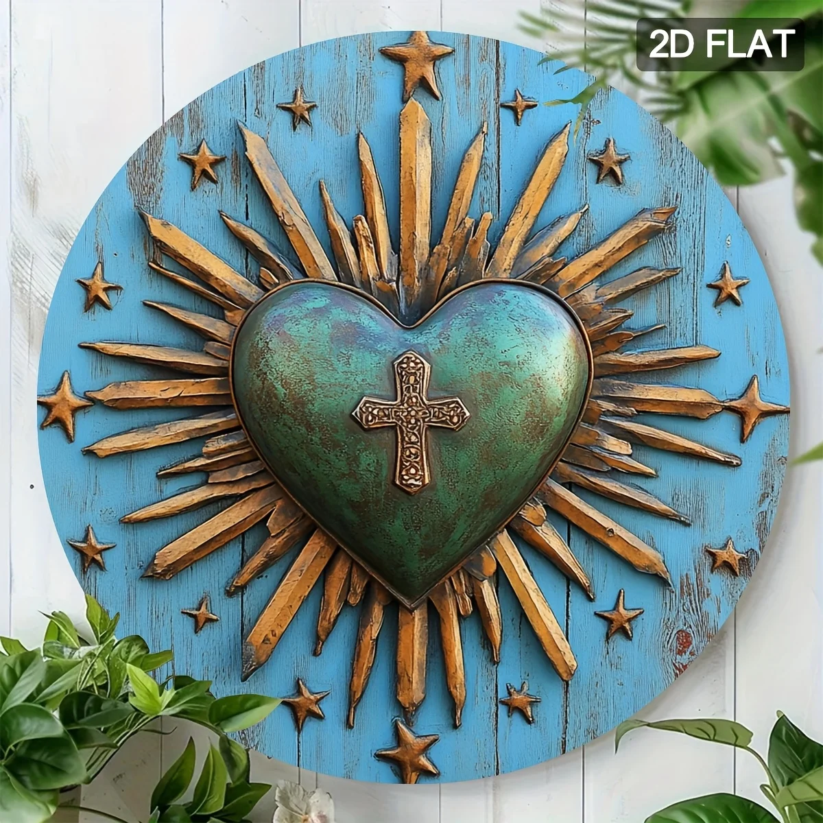 2D Flat, 1pc Rustic Sacred Heart of Jesus Metal Wall Art - Vintage Blue Iron Sign with Cross & Star Design, 20x20cm Round 2D Fla