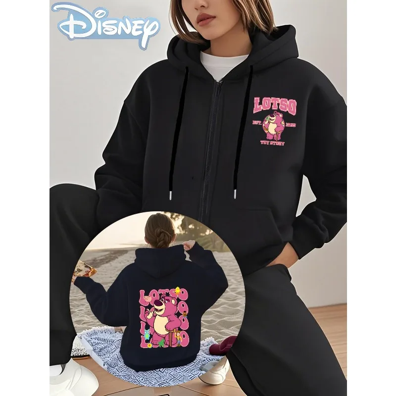 

Осень/зима Женская двухсторонняя толстовка с принтом клубничного медведя Диснея на молнии для повседневного тепло и комфорта на четыре сезона