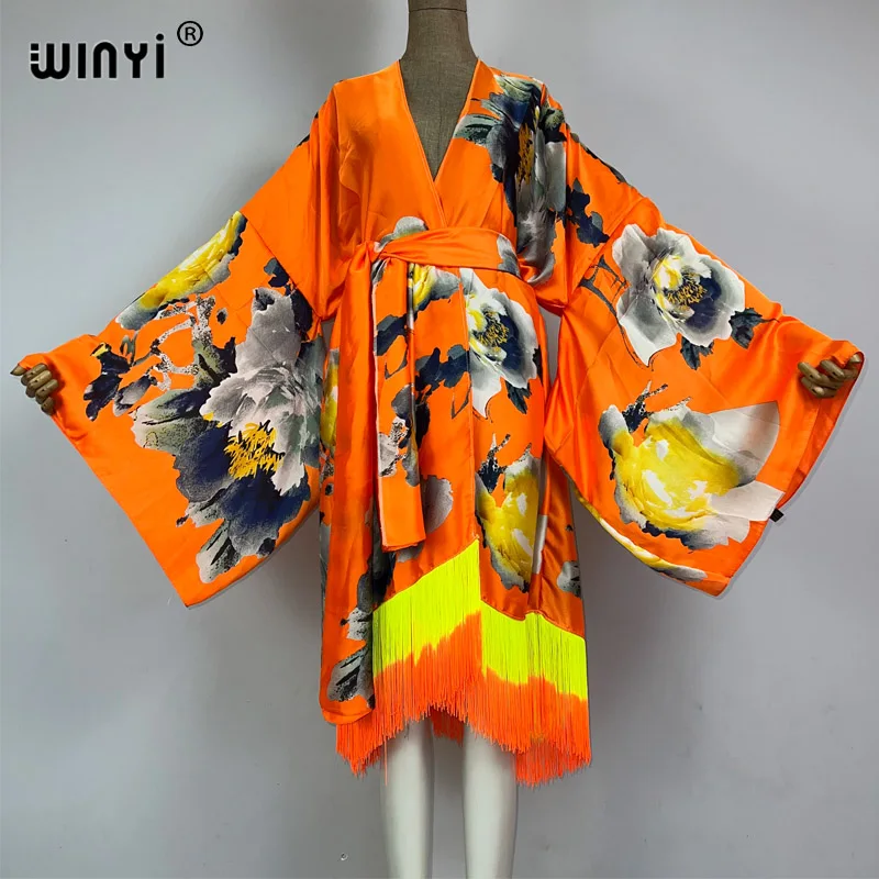 WINYI kimono moda boho letnie stroje plażowe letnie artystyczny nadruk osłona do Bikini sweter seksowne wakacje z długim rękawem sukienka z frędzlami