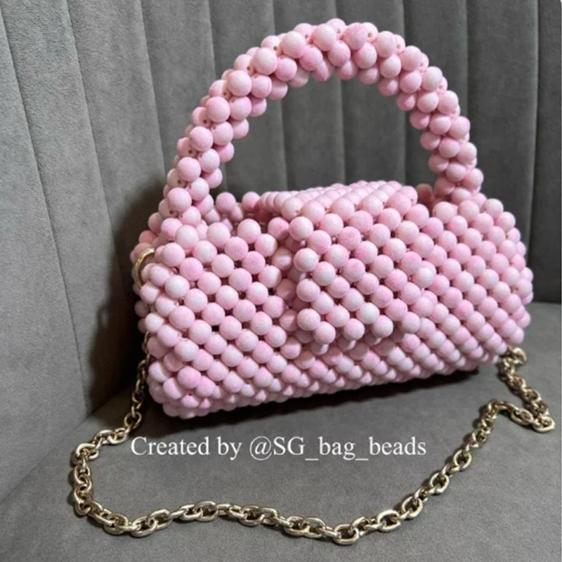 

New Summer Cute Girl Pink Chain Crossbody Shoulder Bag Handmade Beaded Women's Bags Customized Color Flip Handbag for Women