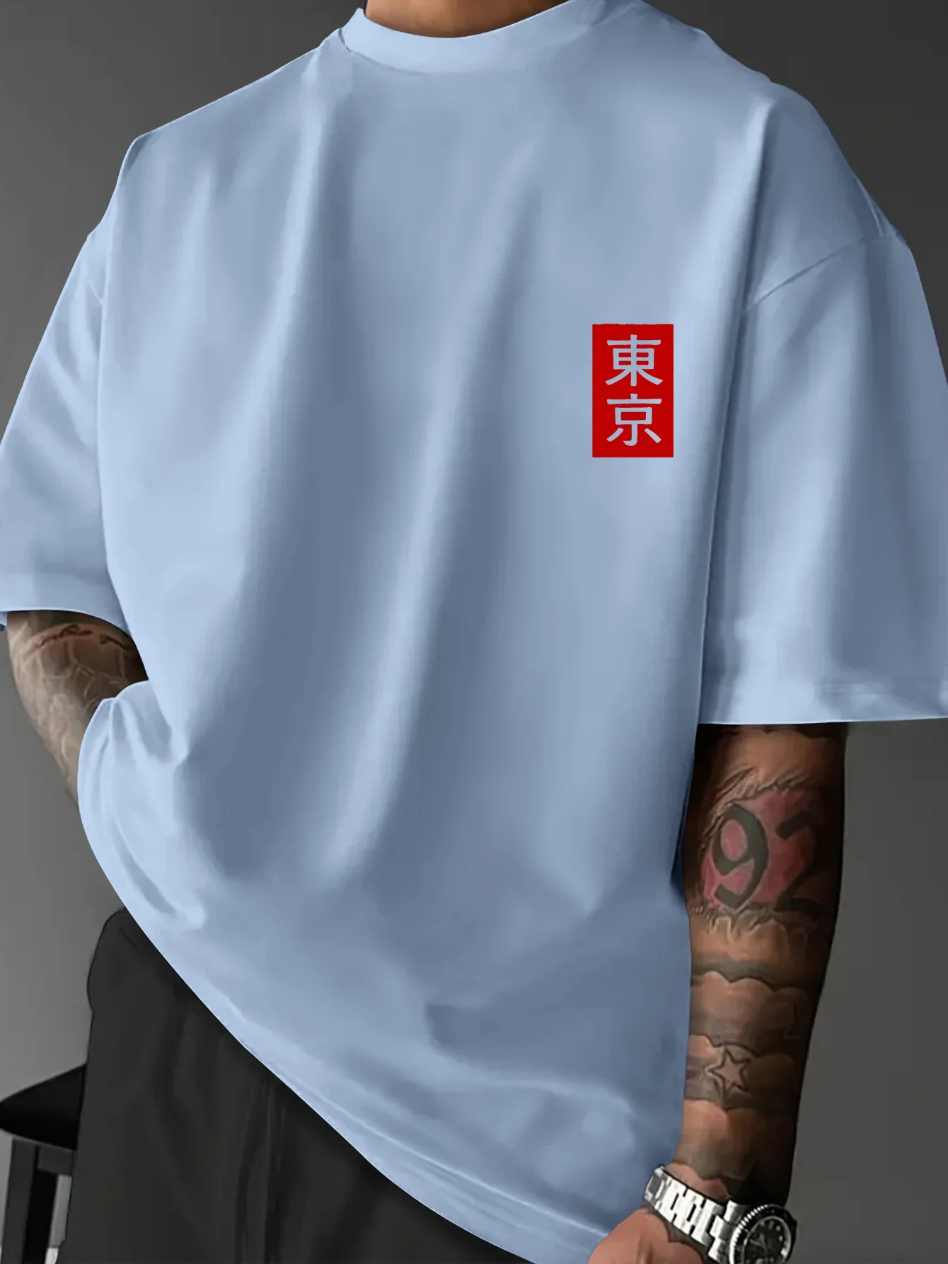 Double‑Sided Japanese Sakura Crane Crow Print Men O‑neck Short‑sleeve T‑shirt Light Blue Loose‑fit Unisex Summer Casual Tops