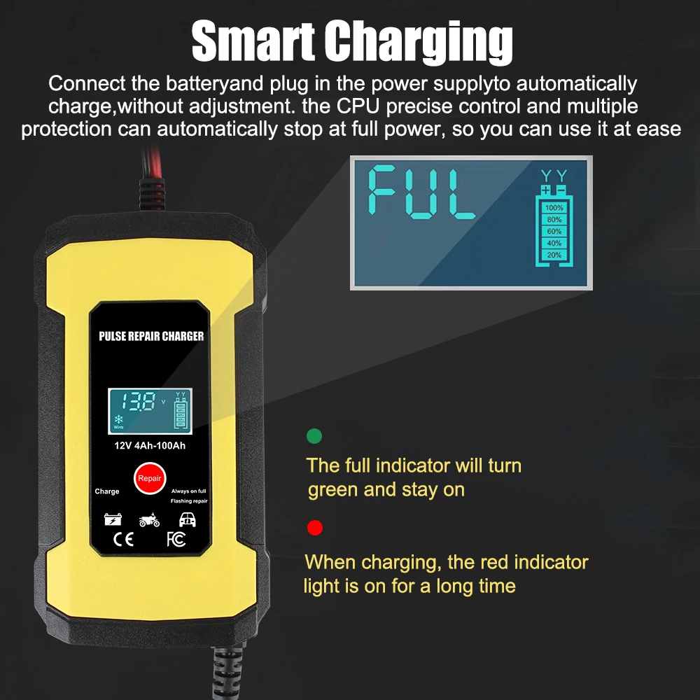 For Auto Motorcycle Car Battery Charger Smart Fast Charger Intelligent Pulse Repair LCD Display 12V 6A