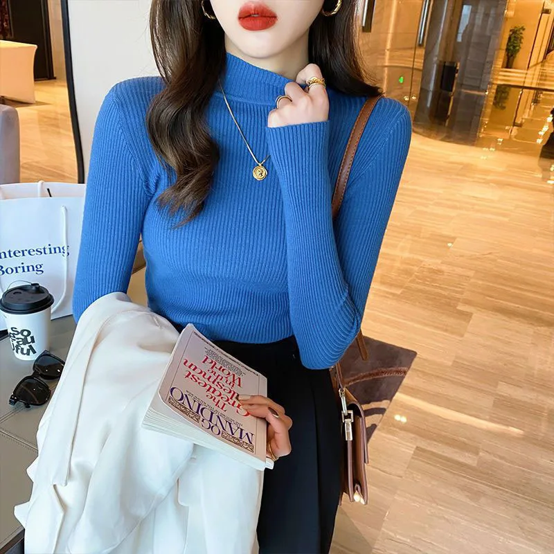 woman Versatile tight long sleeved knitted sweater top 2024 autumn winter women's clothing half height collar outside sweater