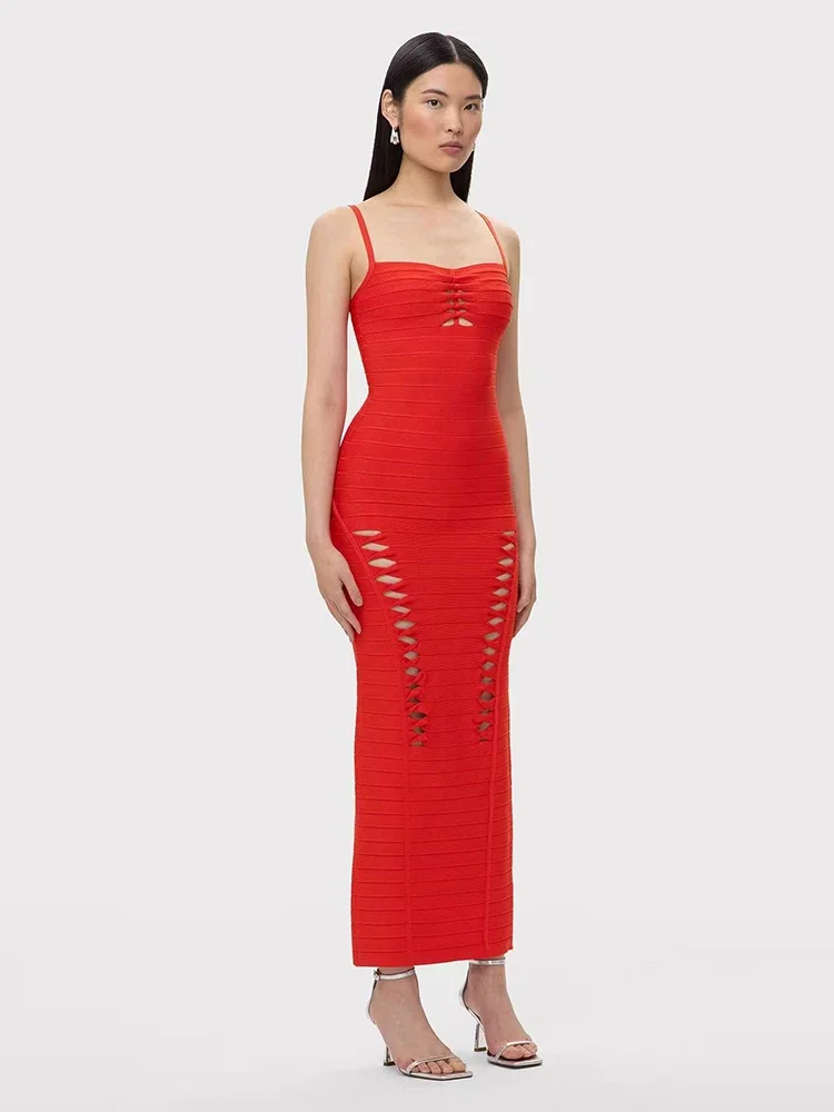 Sexy Spaghetti Hollow Out Ontwerp Bandage Jurk Vrouwen Rode Mouwloze Bodycon Lange Jurken Avondfeest Cocktail