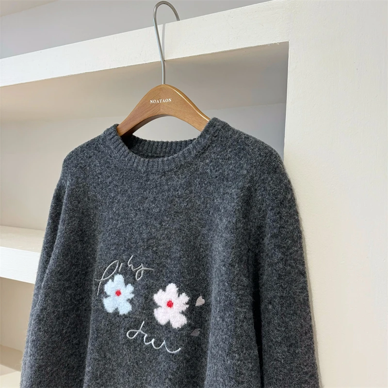 Flower Embroidery Graphic Gray Fuzzy Sweater Fall Winter Warm Women Jumper