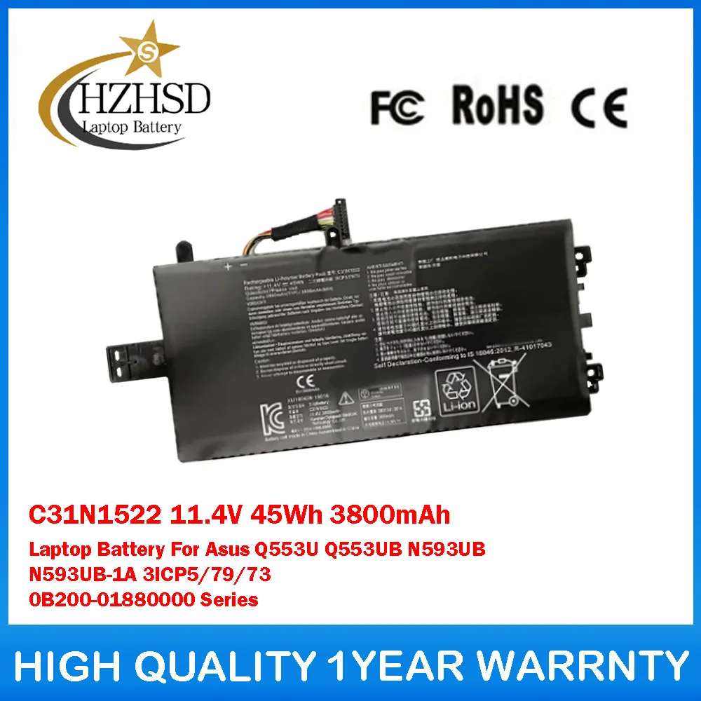 

C31N1522 11.4V 45Wh 3800mAh Laptop Battery For Asus Q553U Q553UB N593UB N593UB-1A 3ICP5/79/73 0B200-01880000 Series