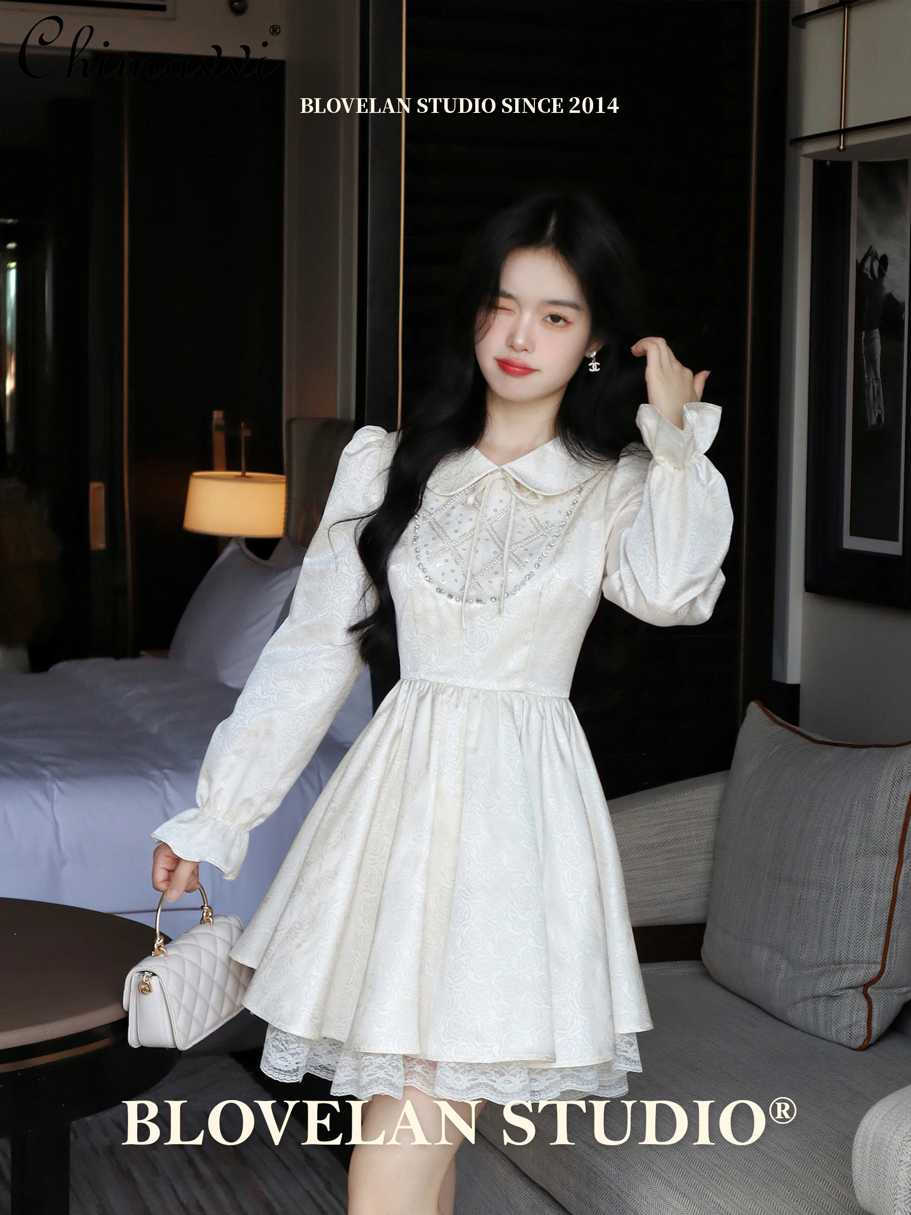 French Elegant Sweet Beaded Rhinestone Sequined Doll Collar Long Sleeve High Waist Slim Fit A-line Princess Short Dress Women