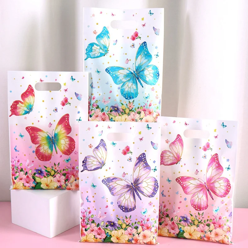 Sacs cadeaux papillons floraux en plastique, sacs à bonbons, décorations pour fêtes d'anniversaire, fournitures pour fêtes de mariage