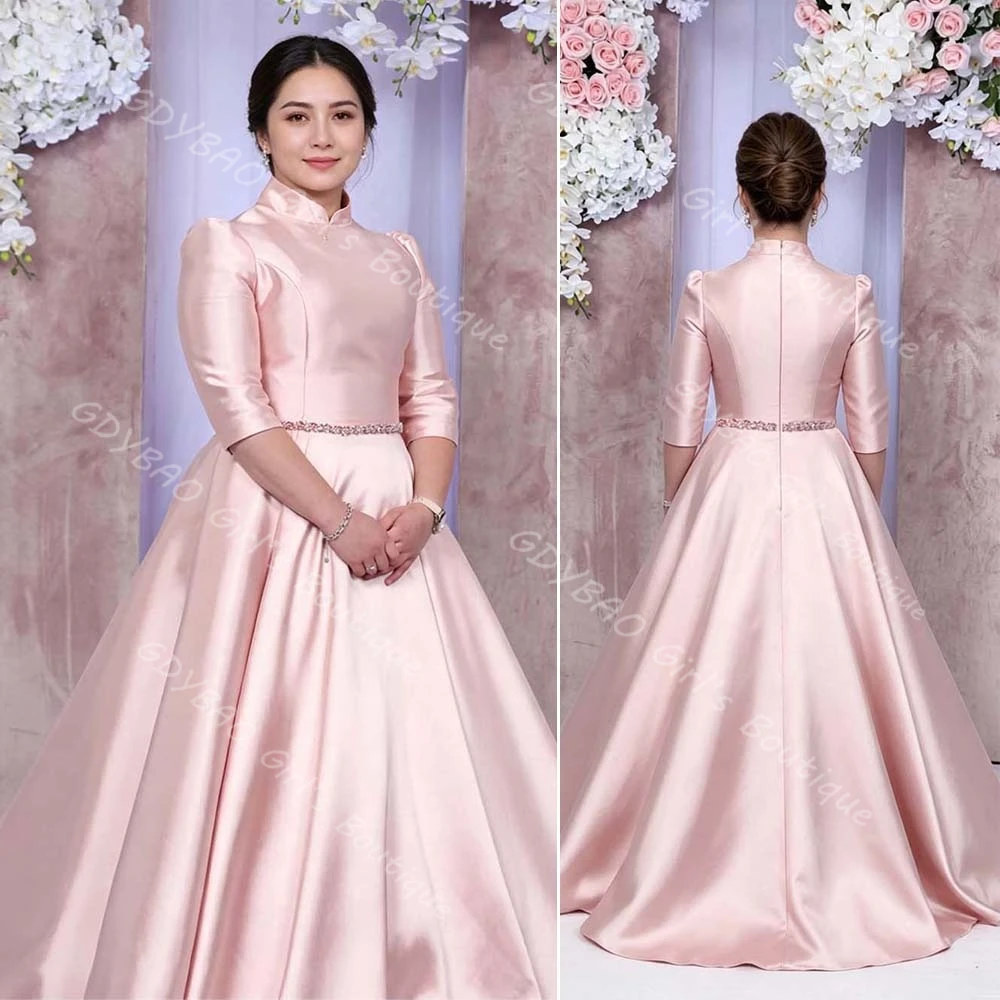 Elegant Women‘s Satin With Beaded Sash Party Dress High Neck 3/4 Sleeves Sister of The Bride Dress Wedding Evening Formal Custom