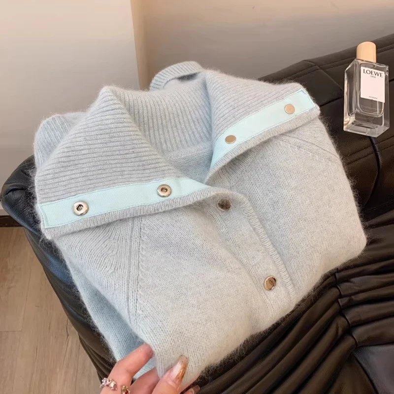 Light Blue Sweater Cardigans For Women Autumn New Turn-down Collar Single Breasted Knitted Coat Elegant Chic Design Female Tops