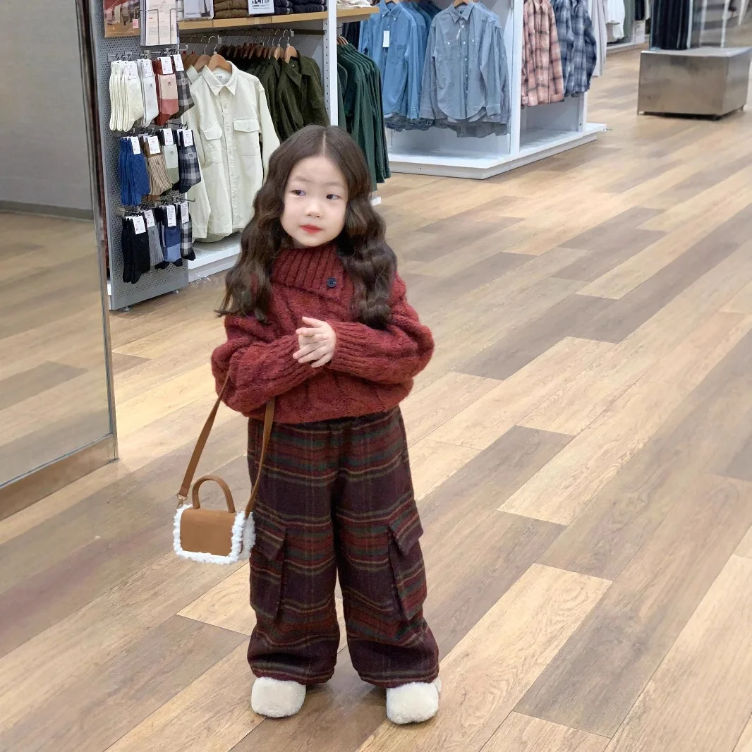 

Winter Children and Girls Foreign Style Christmas New Year Red Pullover Sweater Top Woolen Plaid Pants Set