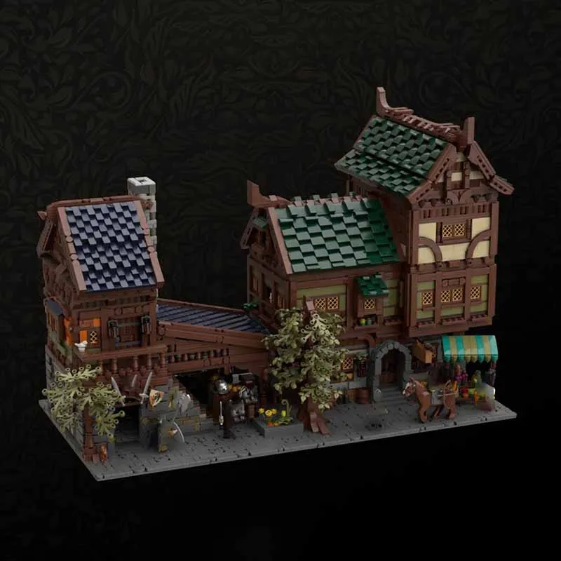 

MOC Medieval Modular Three-Story Tavern and Blacksmith Shop Model - DIY Assembly Block Toy for Children's Birthday Gifts