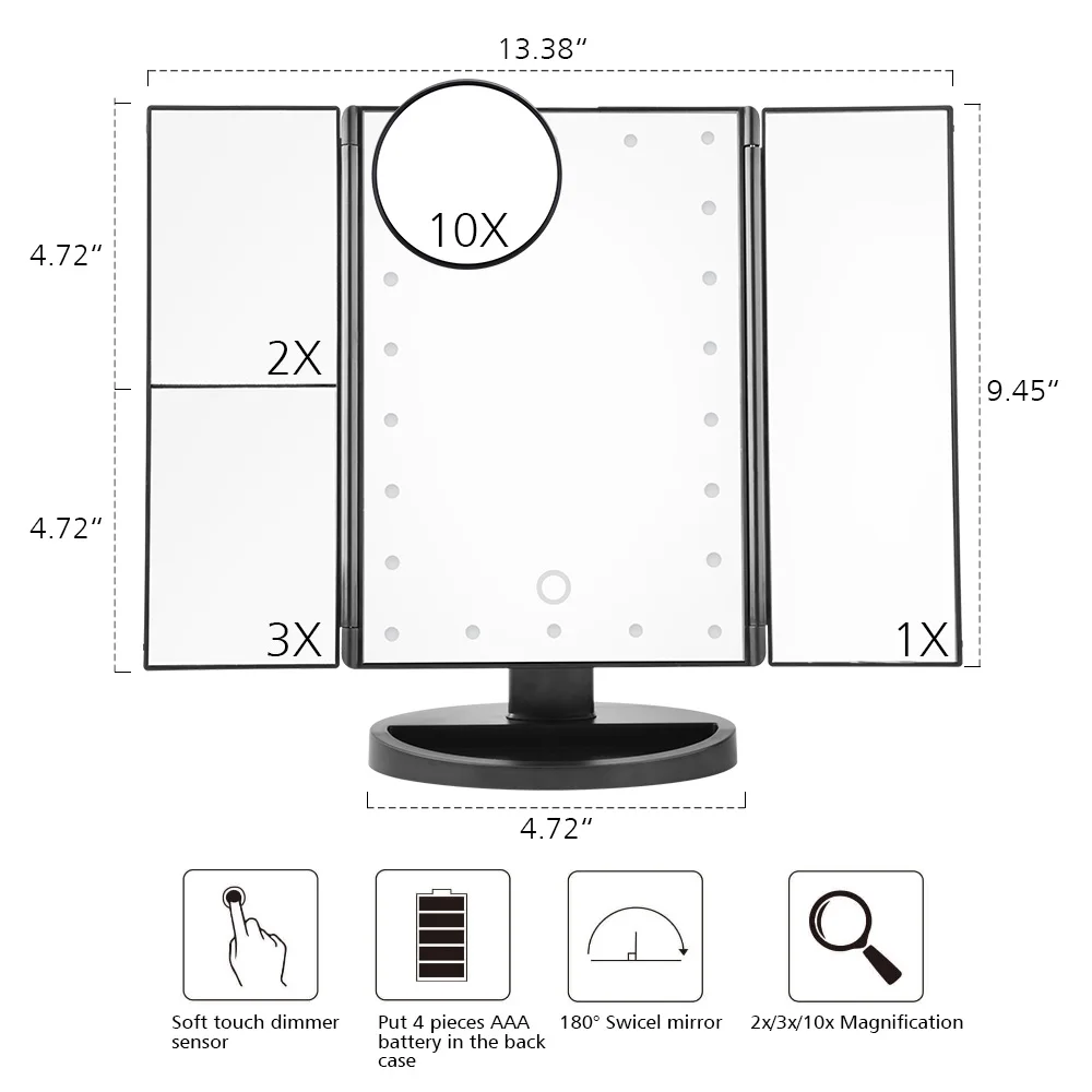 D2 Folding Beauty Mirror with LED Light Makeup Mirror with LED Touch Adjustable Light Cosmetic Mirror Illuminated Vanity Mirror