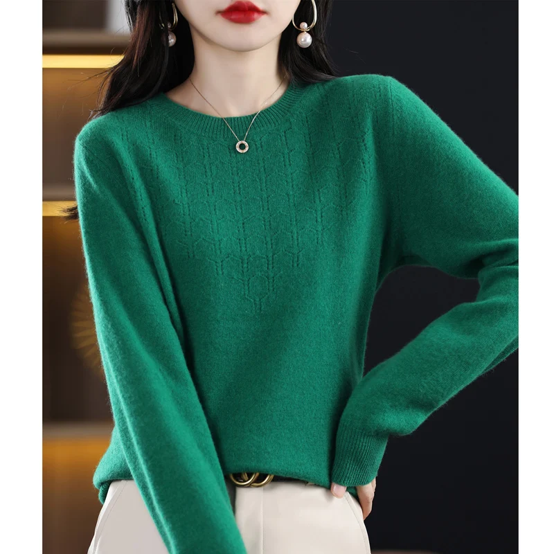 Women New Fashion Wool Soft Sweater Autumn Winter Hollow Out Round Collar Pullover Casual Basis Cashmere Warm Knitting Top