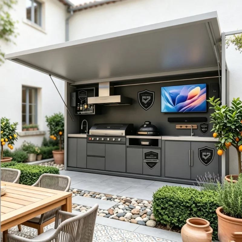 Custom Modular Outdoor Kitchen, Portable Cooking Station with Bar and Weatherproof Pergola