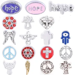 20Pcs/Lot Heart Cross Peace Symbol Letter Hope Angel Wings Floating Charms Lucky Horseshoe Evil Eye Hand Pendant Jewelry Making