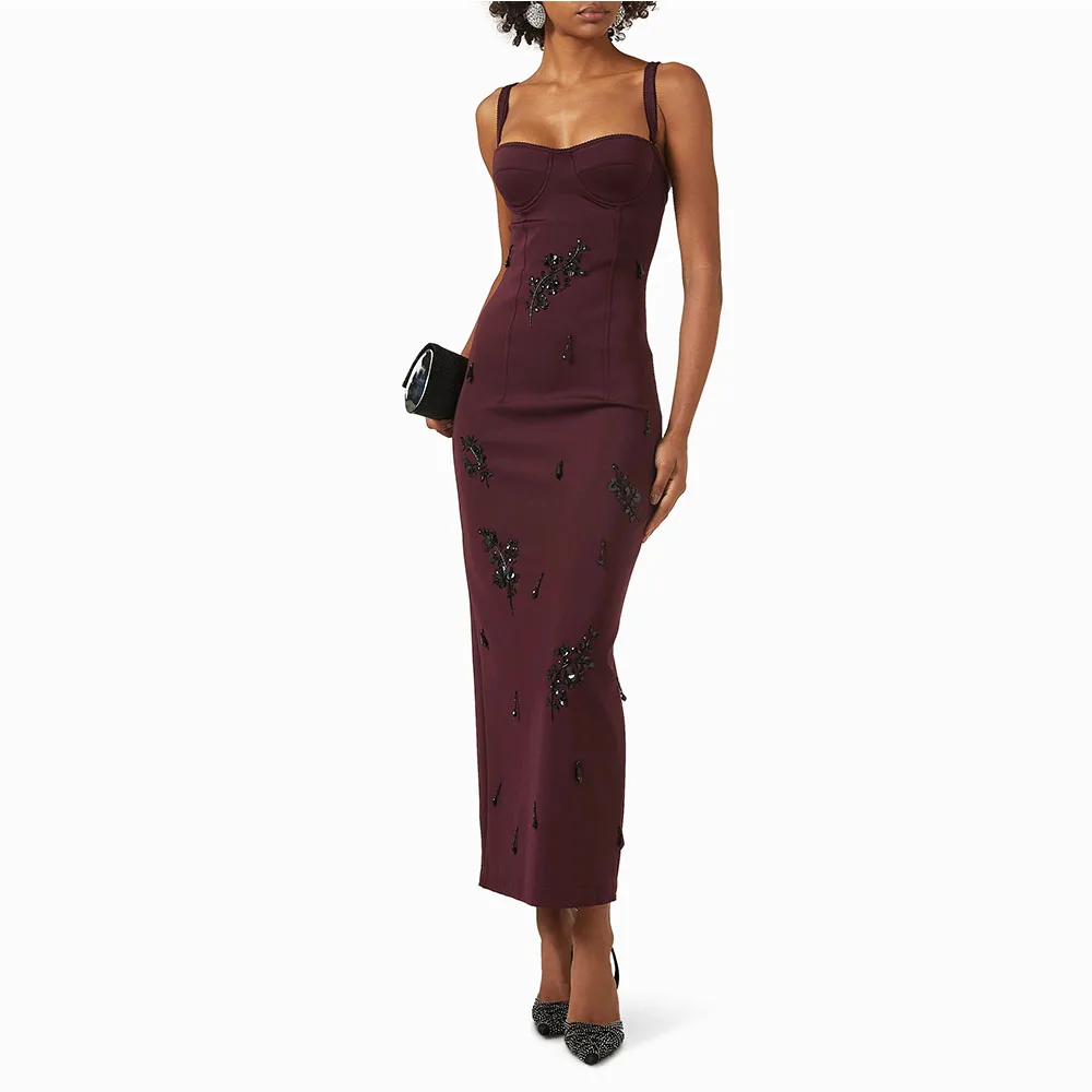 

Бордовое вечернее платье для женщин с квадратным воротником, платье для выпускного вечера, бретельки, вечернее платье с бисером, длиной до щиколотки, без рукавов, Саудовское платье