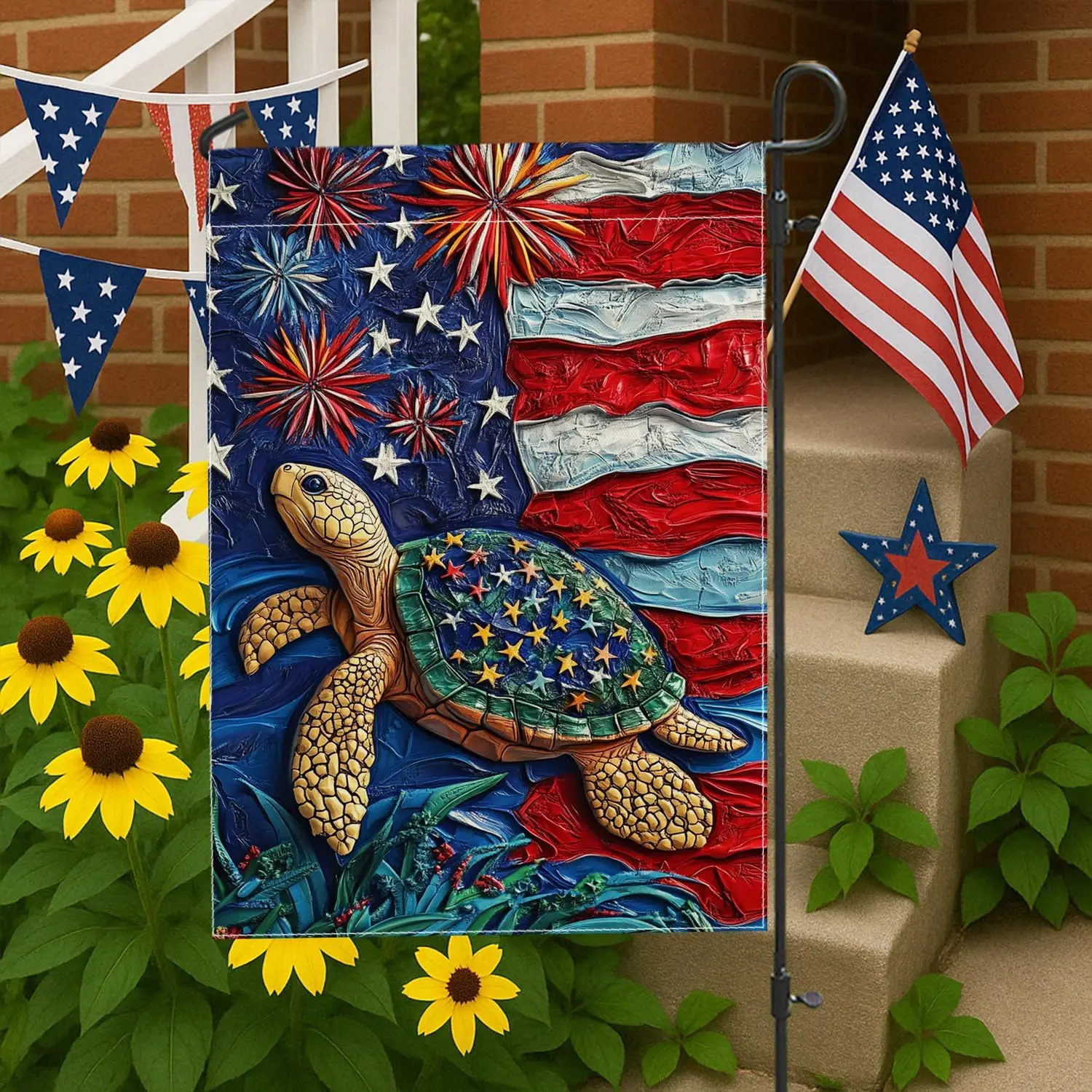 Patriotic Turtle Garden Flag, Red White Blue Independence Day Decor, Double Sided Artwork Banner, Fourth of July Outdoor Law WWL