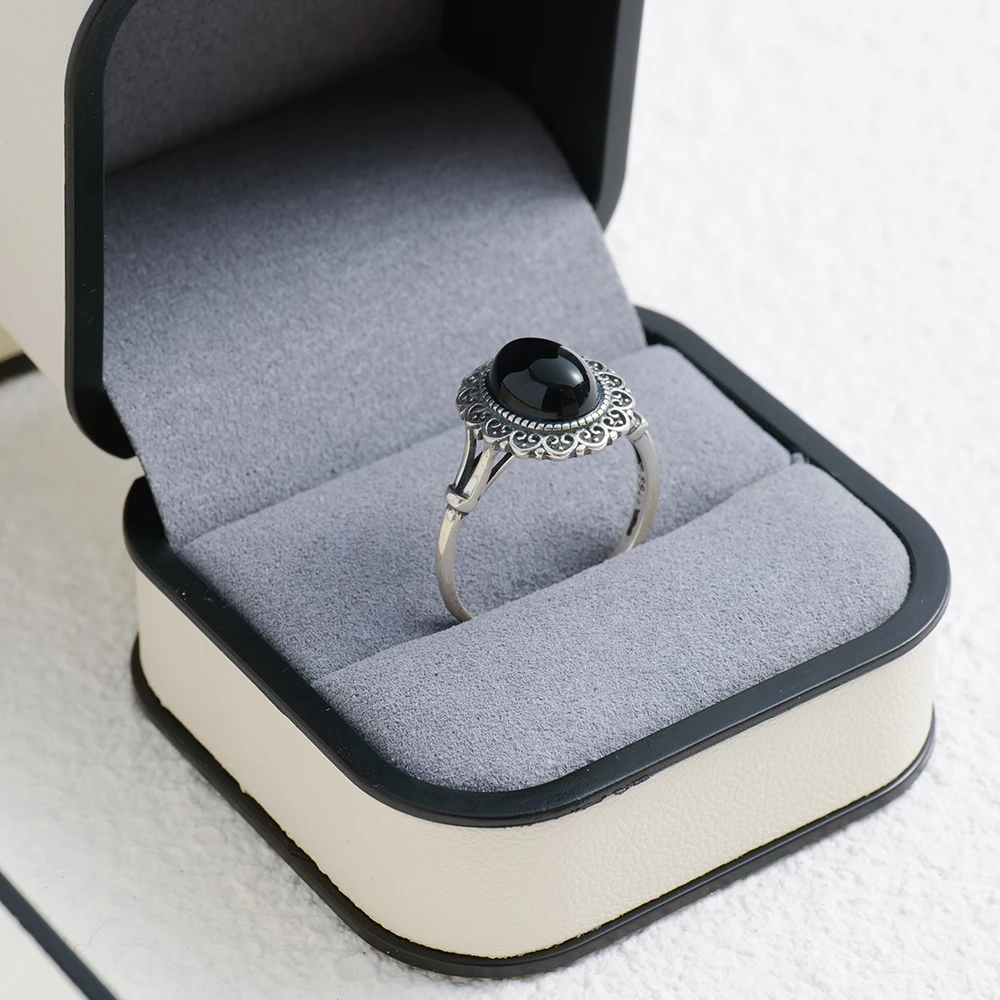 خاتم نسائي من الفضة الإسترليني عيار 925 ريترو، طقم مع ياقوت طبيعي، عقيق أسود، اليشم الأبيض الجمشت، هدية مجوهرات الزفاف النسائية