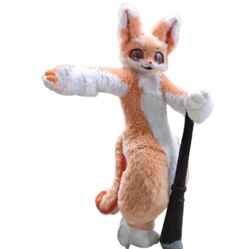 Costume de mascotte de renard de chien Husky en fourrure longue imbibée, tenue de fourrure orange clair, cosplay d'Halloween mignon