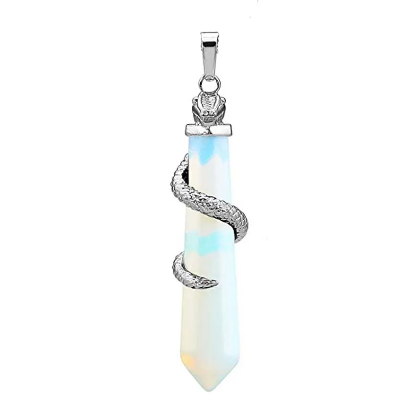 Snake Wrapped Crystal Hexagon Column Stone Pendulum Pendants For Dowsing Divination Natural Amethyst Quartz Opal Pendant Jewelry