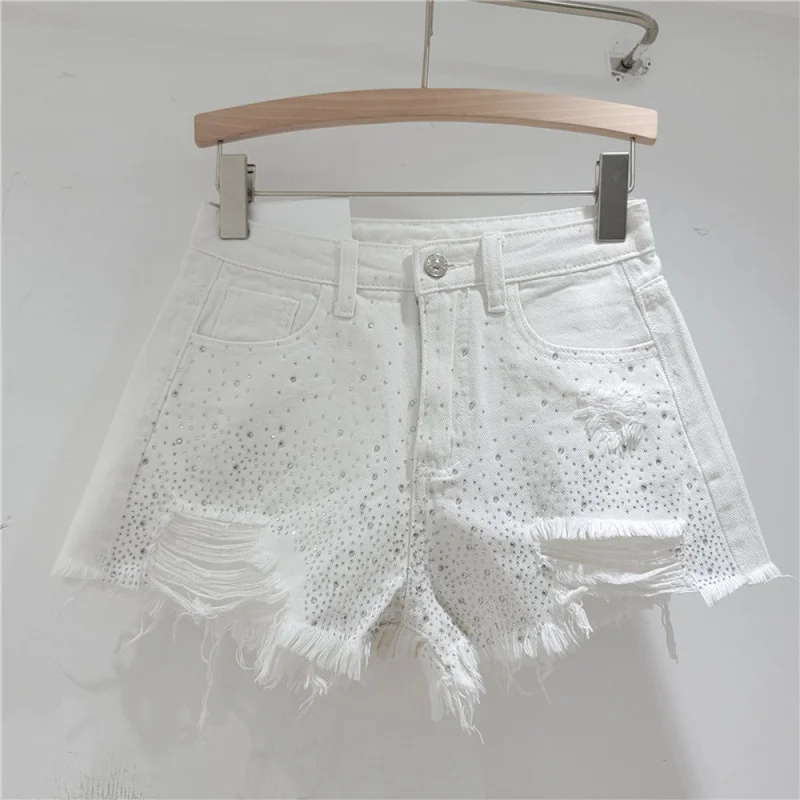 QICHE Women Heavy‑Craft Rhinestone‑Embroidered Denim Shorts High‑Waist Distressed Raw‑Edge Wide‑Leg Casual Bottom For Summer