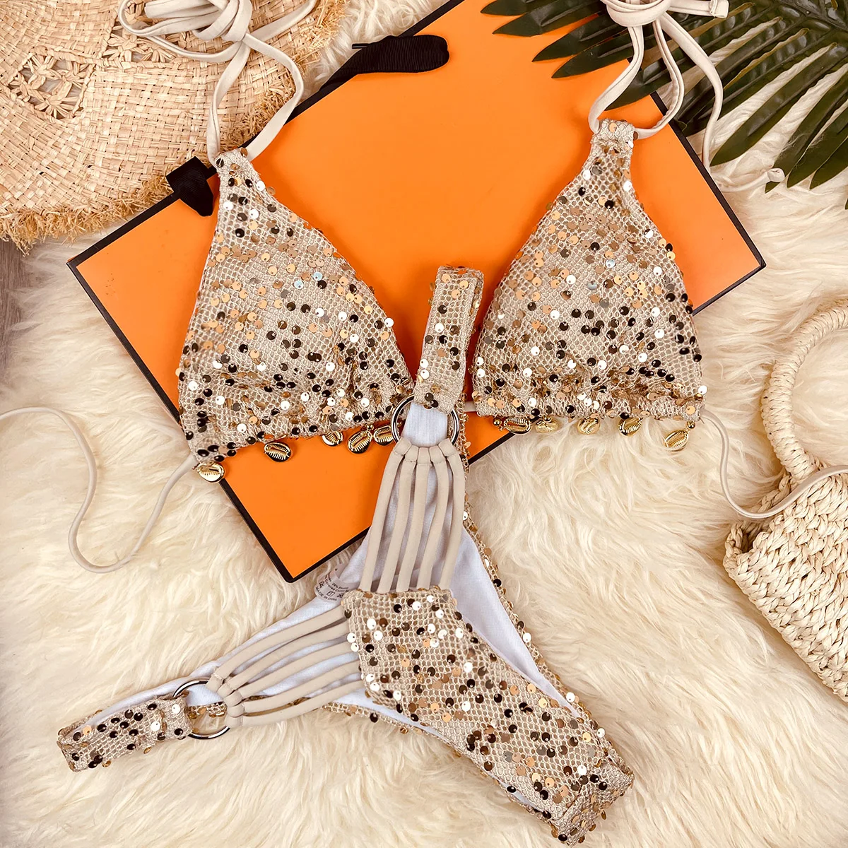 

DGTQYQ 2026 New Summer Lady Holiday Beach 2pc Bikini Set Sparkle Shells Bikinis Women Inspired Swimwear Designer Ties Swimsuit