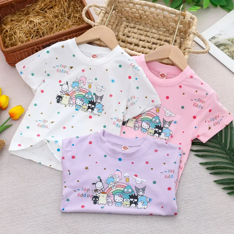 

Sanrio Hello Kitty Kawaii T-Shirt Kid My Melody Kuromi Cinnamoroll Cartoon Anime Print Short Sleeve Cotton Breathable Top Gift