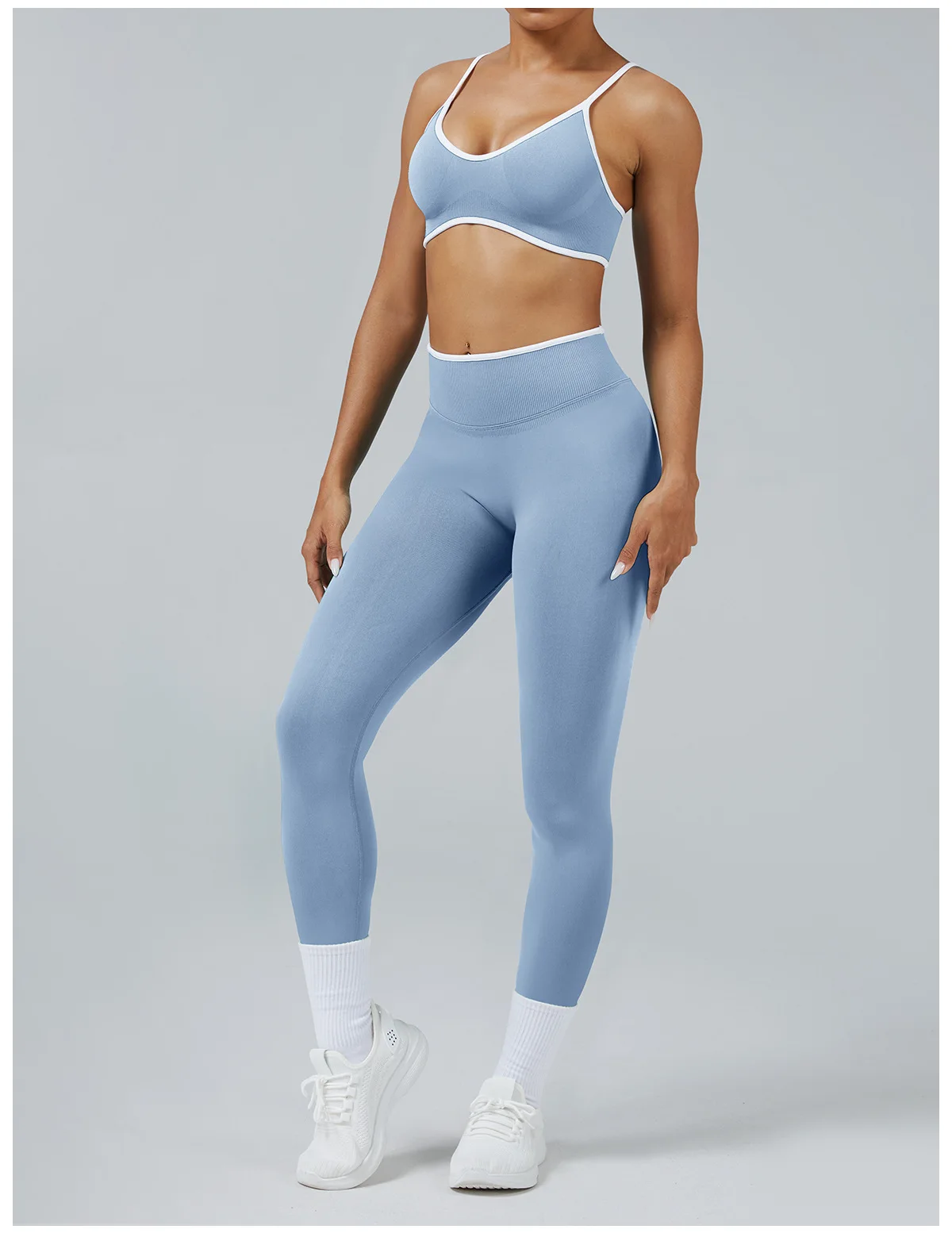 2-teiliges Set: High-Waist-Leggings, Fitnesskleidung, nahtloser Gym-Outfit, Yoga-Sport-BH, Damen-Lauf- und Yoga-Set, Sportanzug – Detail 6