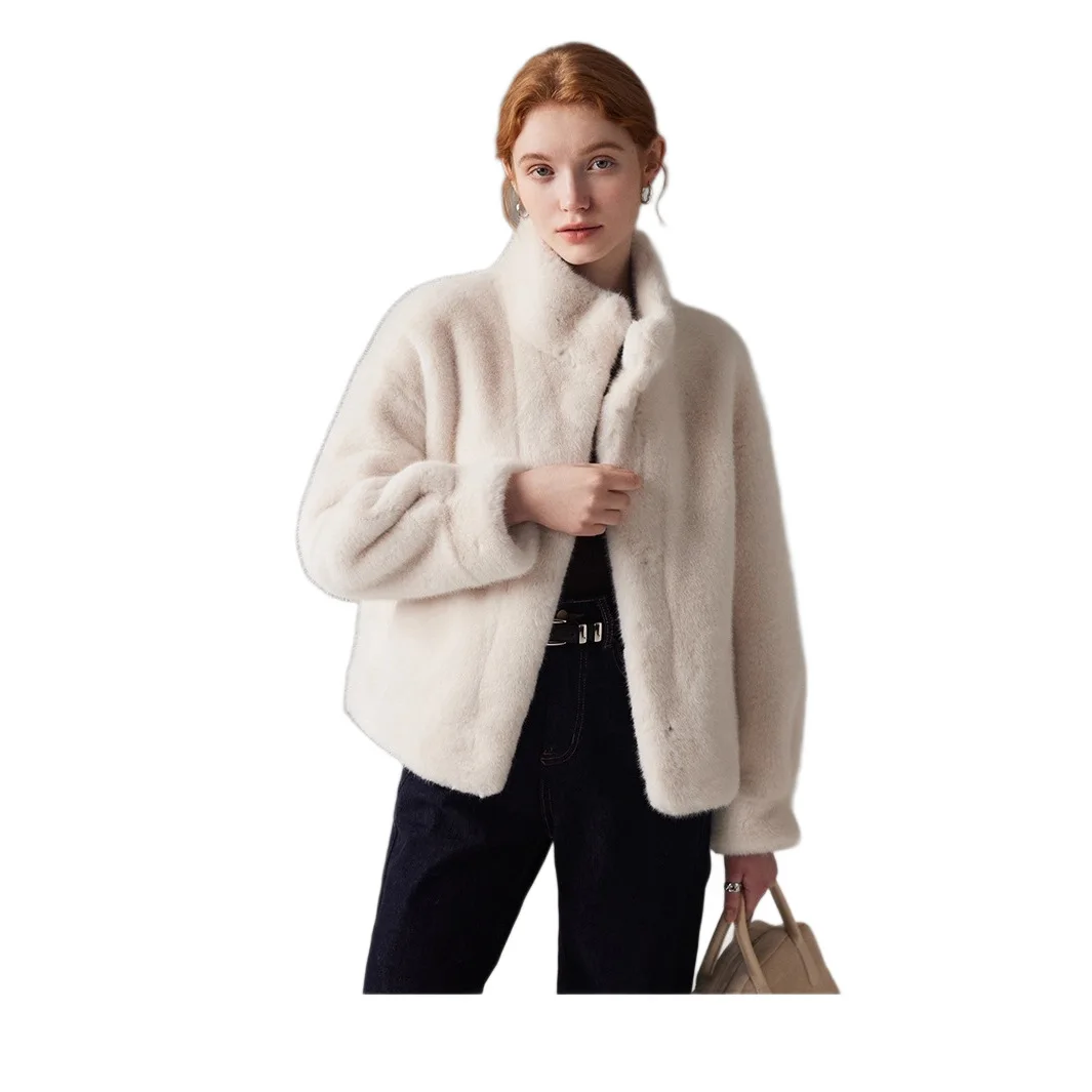 2025 الشتاء النساء ايكو الفراء أبلى الوقوف طوق زر بلون سيدة فرو منك سترة مريحة مريحة الإناث معطف فرو المنك #5