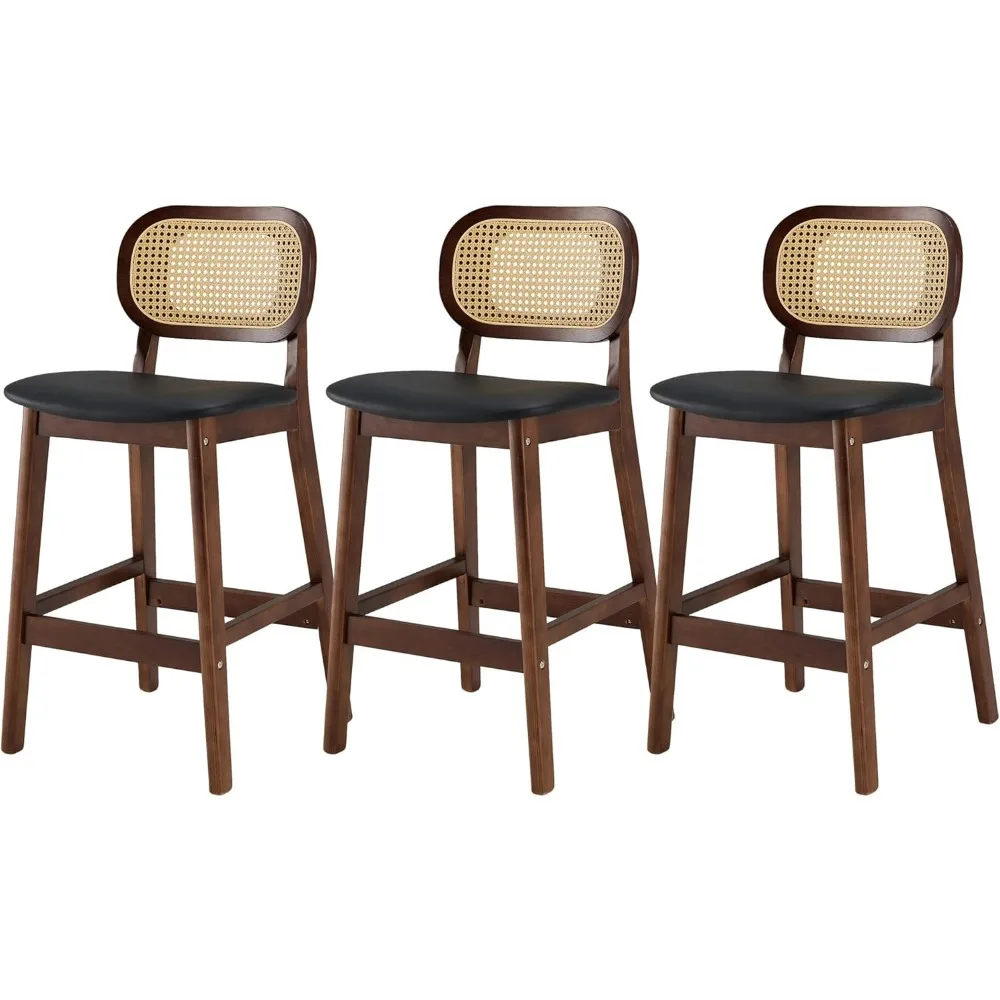 

Rattan Bar Stools Set of 3 Counter Height Stools, 25" Mid Century Modern Bar Stools PU Leather Upholstered Counter Stools with