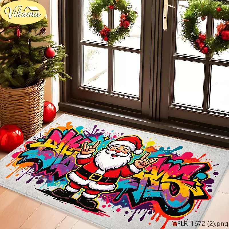 VIKAMA Graffiti Santa Claus Doormat Neon Street Art Rock Hand Merry Christmas Welcome Mat Entryway Rug Front Porch Decor