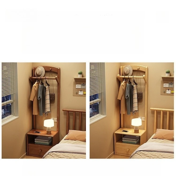 

Bedside table solid wood household coat rack integrated, bedroom modern simple storage storage floor hanger