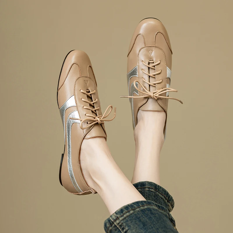 Women's New Leather Cowhide Round Toe Spring and Autumn Low Heel Plus Large Lace Up Casual and Comfortable Sports Single Shoe