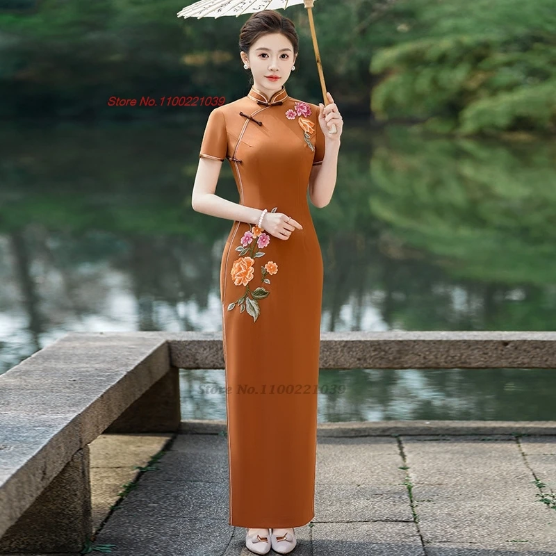 

2025 chinese vintage dress improved cheongsam national flower embroidery stage performance qipao retro banquet evening dress