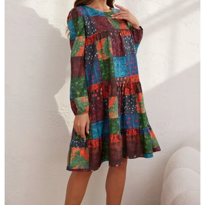 Women\'s Plus Size 1XL-5XL Dress Color Block Patchwork Printing, Fashionable and Elegant Women\'s Long Sleeved Pleated Edge Dress