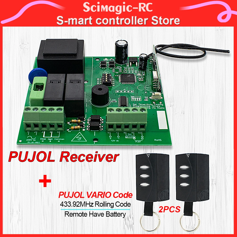 New AC 12V / 230V PUJOL Receiver and 2pcs PUJOL VARIO Code 433.92 MHz Rolling Code Garage Remote Control Handhold Transmitter