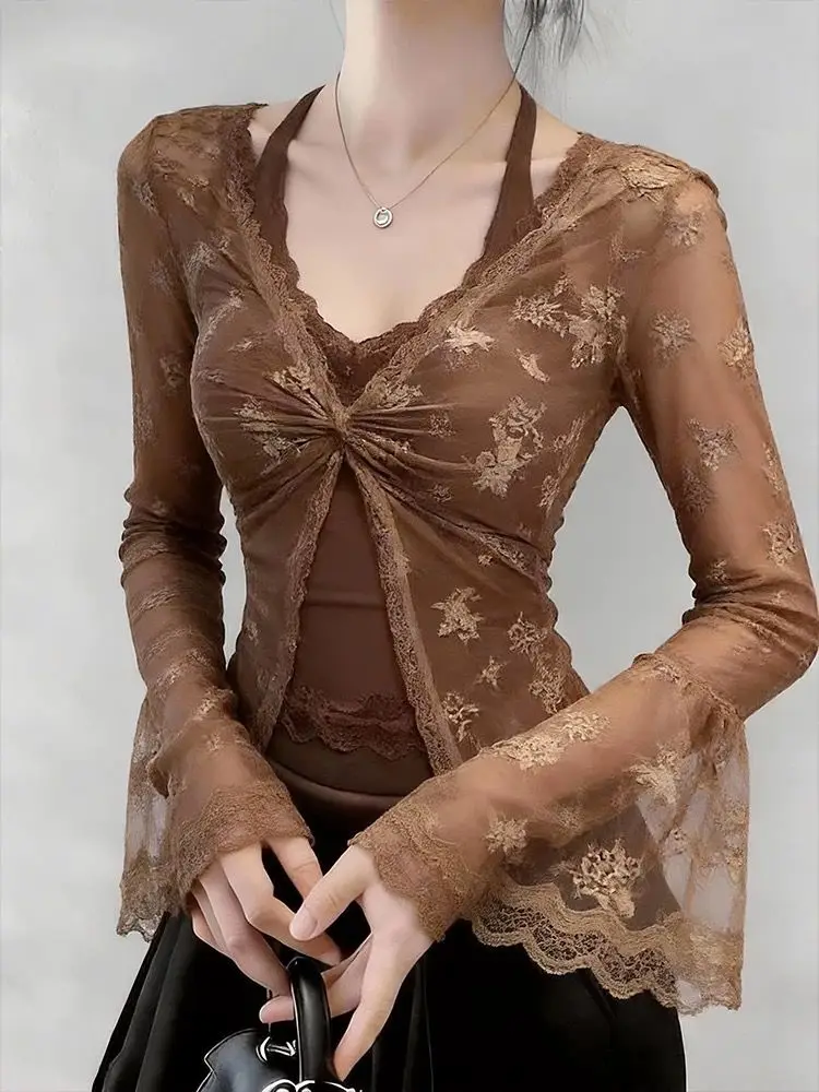 

Женская кружевная базовая блузка Sweet Spicy Girl с длинными рукавами-колокол, имитация двухслойности, весна-осень, стильный дизайн