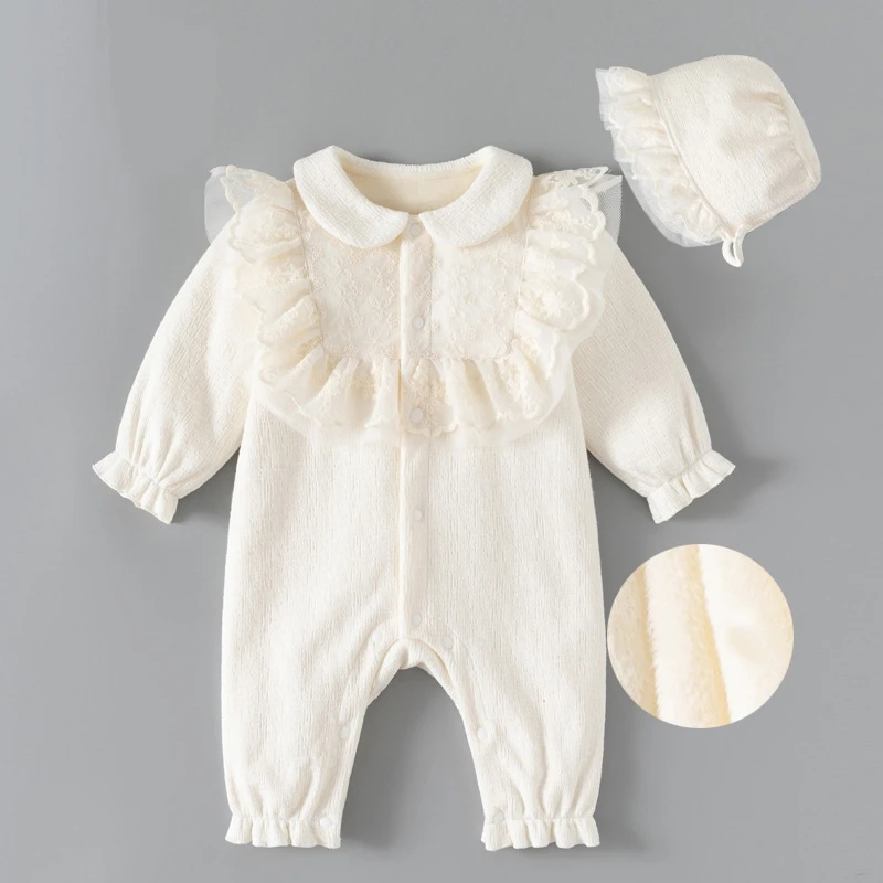 

Модные теплые флисовые детские комбинезоны для зимы, кружевные комбинезоны с цветами принцессы для девочек